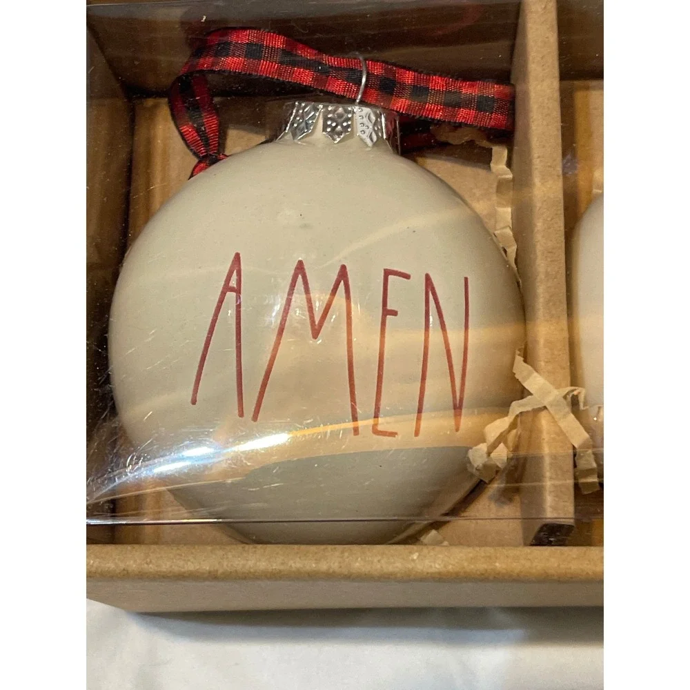 Rae Dunn Christmas Ornaments 3 Pc. Amen Faith Love Ceramic Buffalo‎ Plaid Ribbon